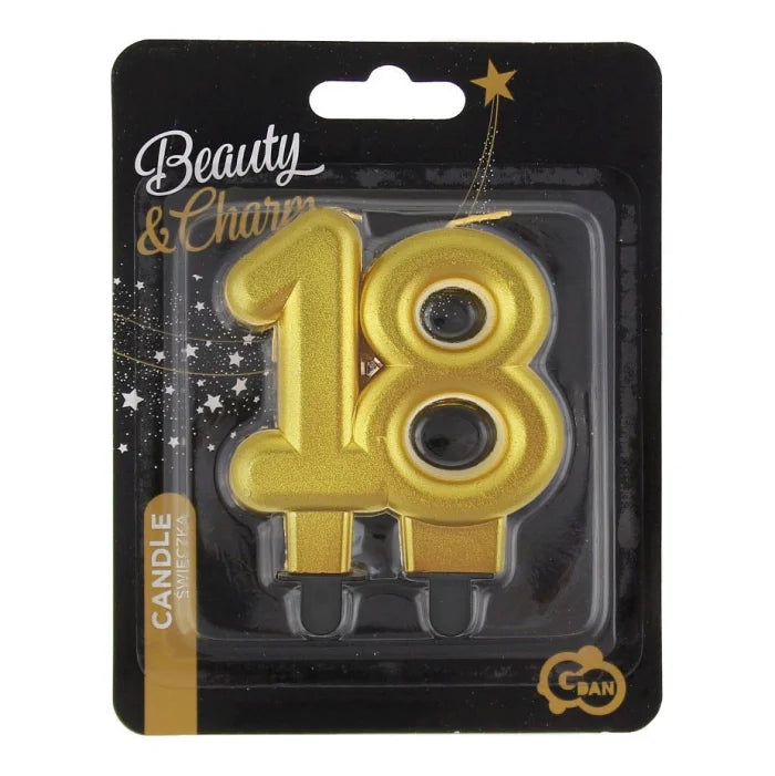 Świeczka liczba 18 URODZINY, złota, metaliczna, B&C, 8 cm