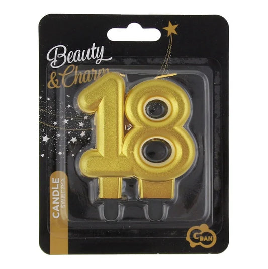 Świeczka liczba 18 URODZINY, złota, metaliczna, B&C, 8 cm