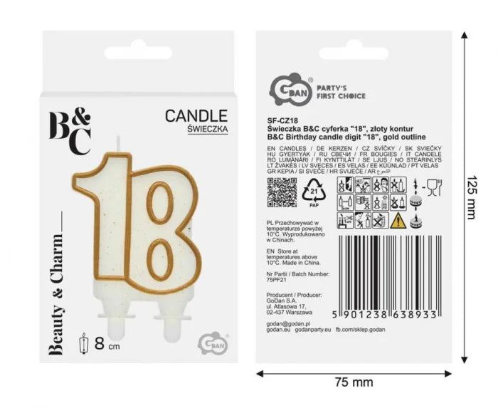 Świeczka Liczba 18 Urodziny Złoty Kontur 8 cm - Cake Toppers