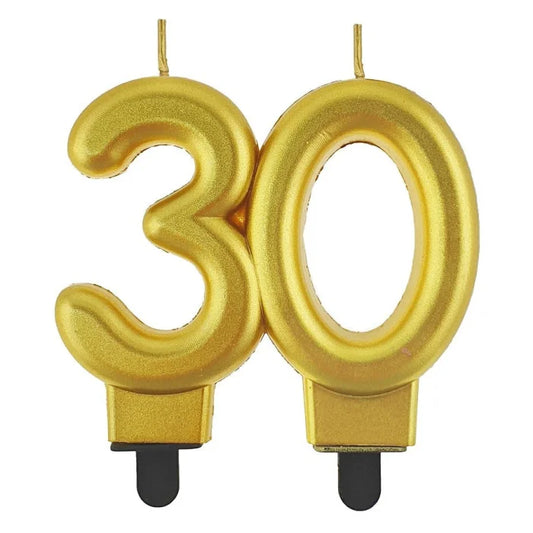 Świeczka liczba 30 URODZINY, złota, metaliczna, B&C, 8 cm