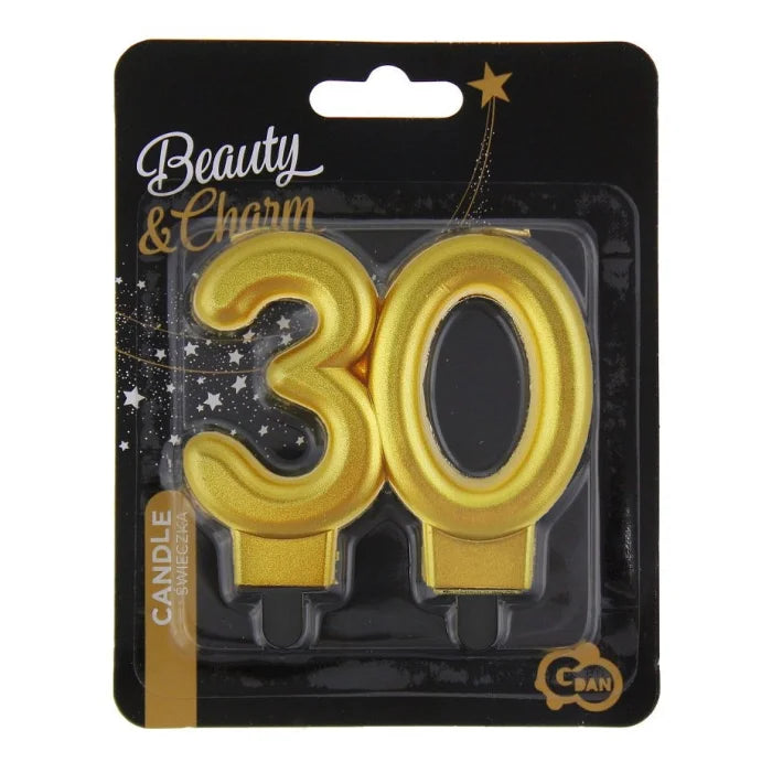 Świeczka liczba 30 URODZINY, złota, metaliczna, B&C, 8 cm