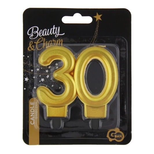 Świeczka liczba 30 URODZINY, złota, metaliczna, B&C, 8 cm