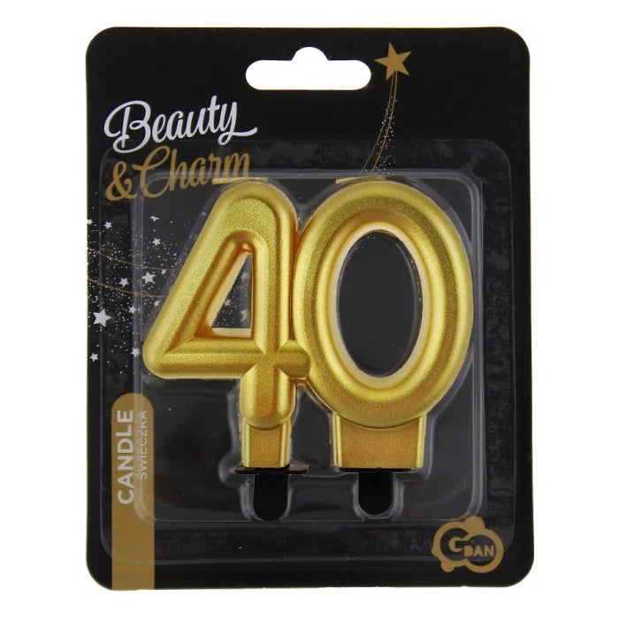 Świeczka liczba 40 URODZINY, złota, metaliczna, B&C, 8 cm