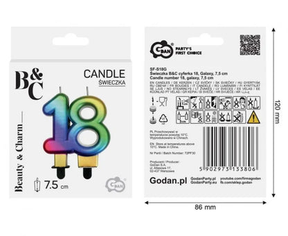 Świeczka na tort na osiemnastkę liczba „18” tęczowa – Beauty&Charm