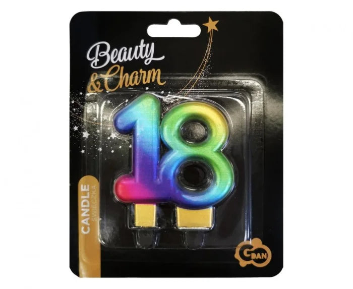 Świeczka na tort na osiemnastkę liczba „18” tęczowa – Beauty&Charm