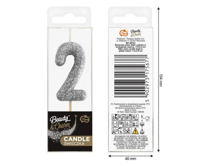 Świeczka Piker Cyfra 2 Brokatowa Czarna - Beauty & Charm - Cake Toppers