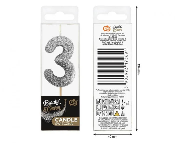 Świeczka Piker Cyfra 3 Brokatowa Czarna - Beauty & Charm - Cake Toppers