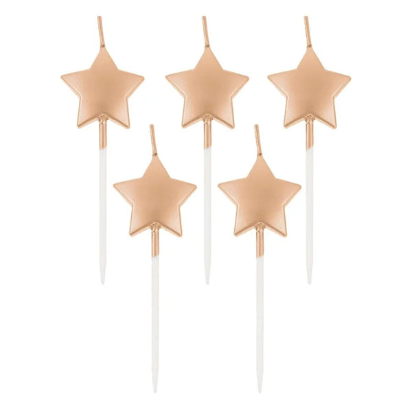 Świeczki pikery GWIAZDKI, metaliczne różowe złoto, 5 szt., wysokość 6,5 cm