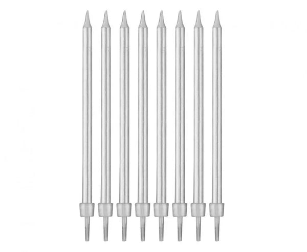 Świeczki urodzinowe na tort długie srebrne – 8 szt. Beauty&Charm