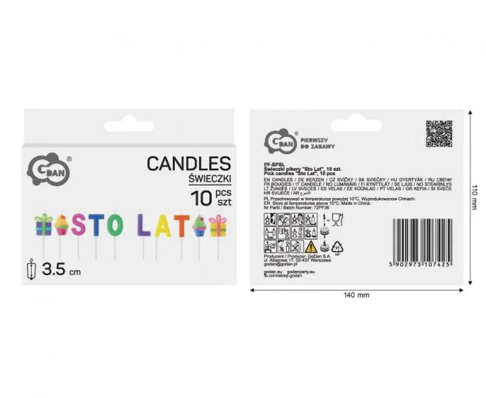 Świeczki urodzinowe ’Sto lat’ na patyczkach – 10 szt.