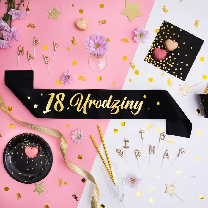 Szarfa urodzinowa „18 Urodziny” czarno-złota – 10 × 160 cm - Costume Accessories