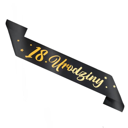 Szarfa urodzinowa „18 Urodziny” czarno-złota – 10 × 160 cm - Costume Accessories