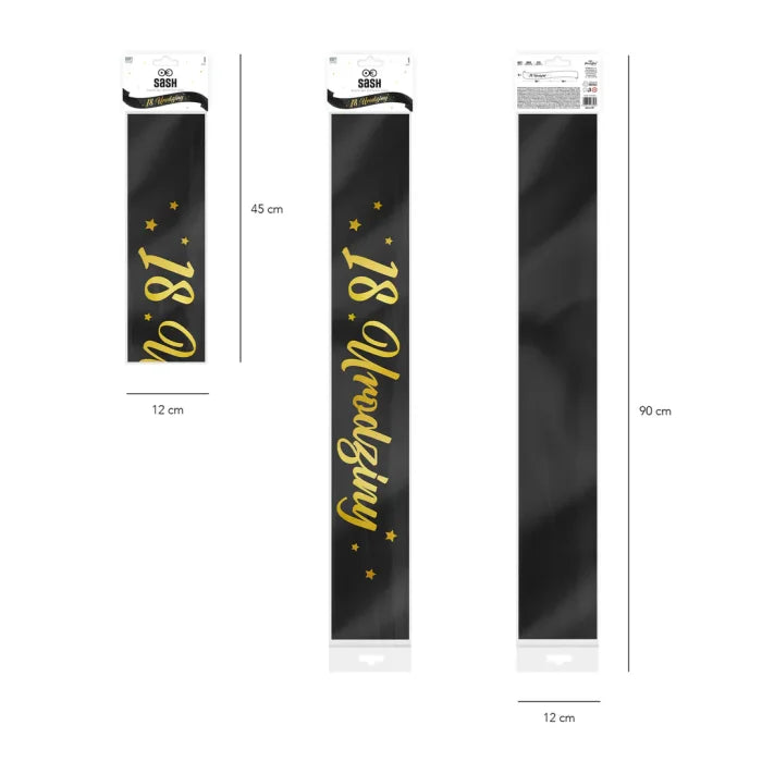 Szarfa urodzinowa „18 Urodziny” czarno-złota – 10 × 160 cm - Costume Accessories