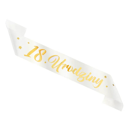 Szarfa urodzinowa biało-złota – 3 warianty (Moje Urodziny / Happy Birthday / 18 Urodziny) 10 × 160 cm - 18 Urodziny