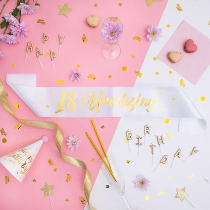 Szarfa urodzinowa biało-złota – 3 warianty (Moje Urodziny / Happy Birthday / 18 Urodziny) 10 × 160 cm - Costume