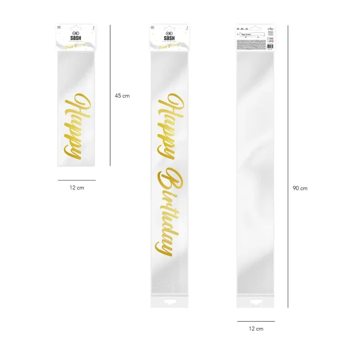 Szarfa urodzinowa biało-złota – 3 warianty (Moje Urodziny / Happy Birthday / 18 Urodziny) 10 × 160 cm - Costume