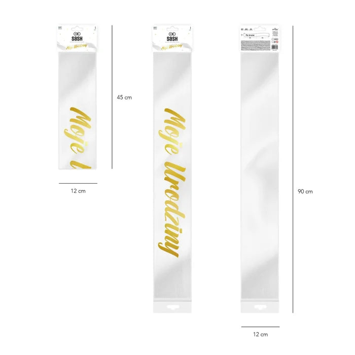 Szarfa urodzinowa biało-złota – 3 warianty (Moje Urodziny / Happy Birthday / 18 Urodziny) 10 × 160 cm - Costume