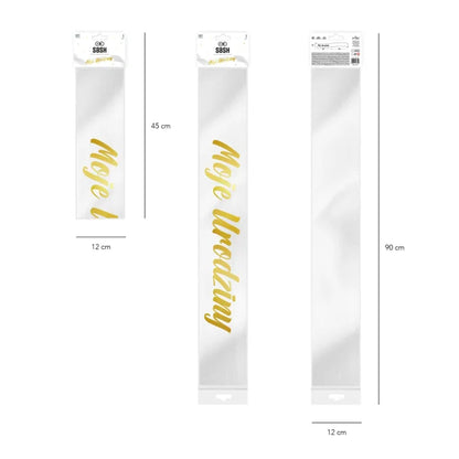 Szarfa urodzinowa biało-złota – 3 warianty (Moje Urodziny / Happy Birthday / 18 Urodziny) 10 × 160 cm - Costume