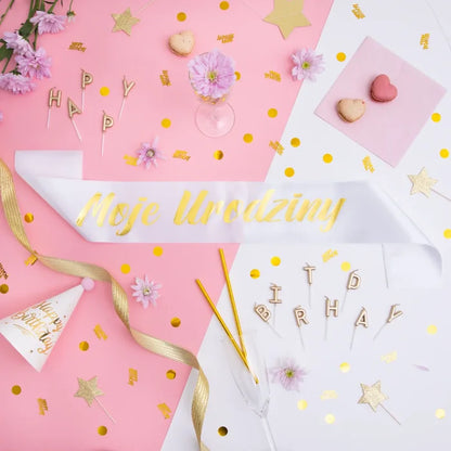 Szarfa urodzinowa biało-złota – 3 warianty (Moje Urodziny / Happy Birthday / 18 Urodziny) 10 × 160 cm - Costume