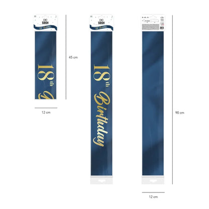 Szarfa urodzinowa granatowo-złota – 10 × 160 cm (warianty: Happy Birthday / 18th / 30th / 40th / 50th / 60th) - Costume