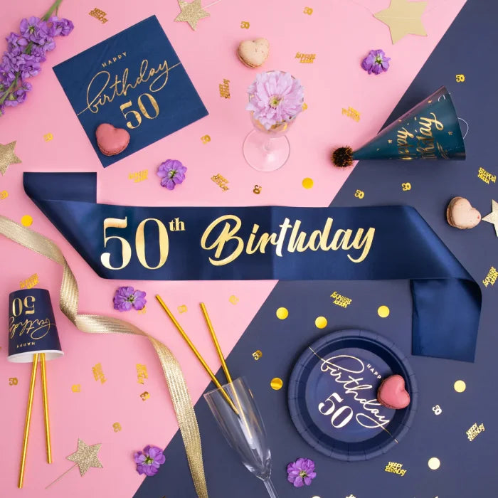 Szarfa urodzinowa granatowo-złota – 10 × 160 cm (warianty: Happy Birthday / 18th / 30th / 40th / 50th / 60th) - Costume