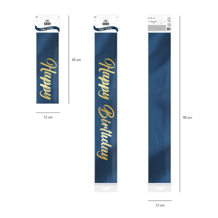 Szarfa urodzinowa granatowo-złota – 10 × 160 cm (warianty: Happy Birthday / 18th / 30th / 40th / 50th / 60th) - Costume
