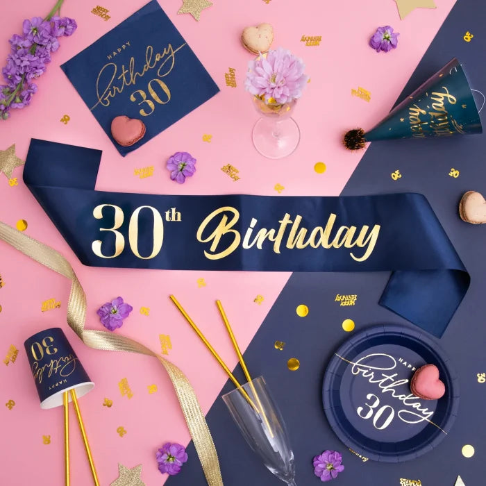 Szarfa urodzinowa granatowo-złota – 10 × 160 cm (warianty: Happy Birthday / 18th / 30th / 40th / 50th / 60th) - Costume