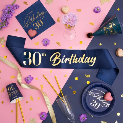 Szarfa urodzinowa granatowo-złota – 10 × 160 cm (warianty: Happy Birthday / 18th / 30th / 40th / 50th / 60th) - Costume