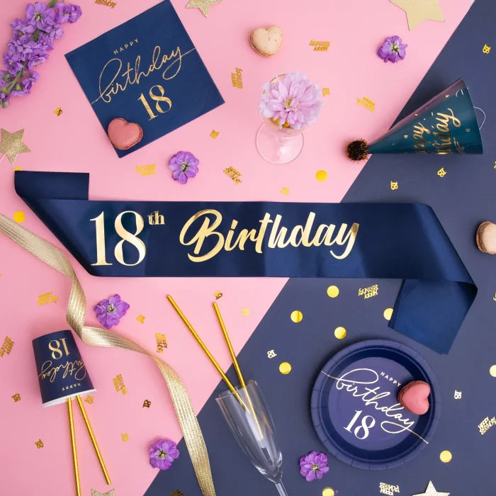 Szarfa urodzinowa granatowo-złota – 10 × 160 cm (warianty: Happy Birthday / 18th / 30th / 40th / 50th / 60th) - Costume