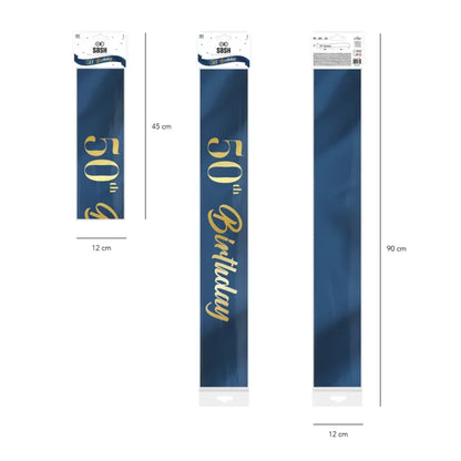 Szarfa urodzinowa granatowo-złota – 10 × 160 cm (warianty: Happy Birthday / 18th / 30th / 40th / 50th / 60th) - Costume