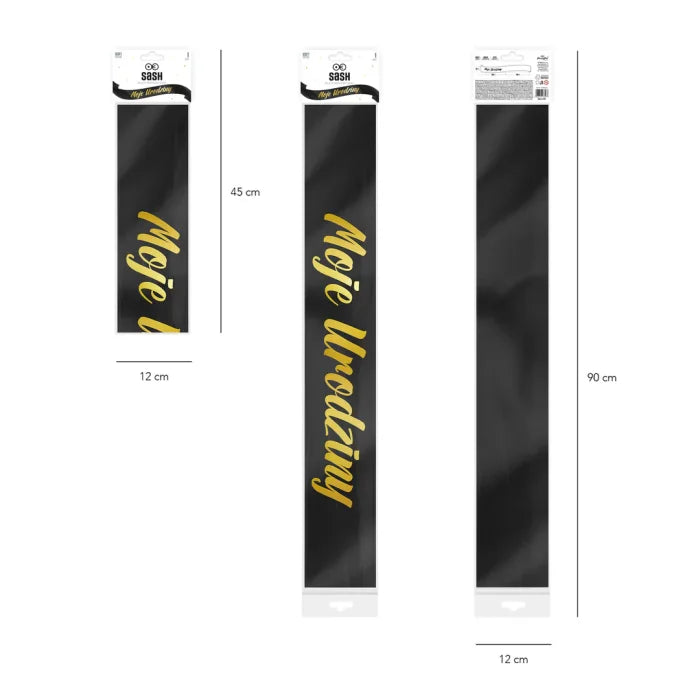 Szarfa urodzinowa „Moje Urodziny” czarno-złota – 10 × 160 cm - Costume Accessories