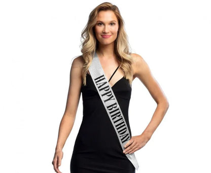 Szarfa urodzinowa srebrna Happy Birthday – 1 szt. Boland - Costume Accessories