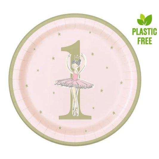 Talerze Papierowe na Roczek Dziewczynki – Ballerina 1st Birthday, 23 cm, 8 szt. plastic-free