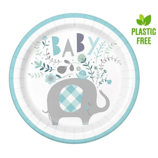 Talerzyki papierowe, Baby Shower, Słonik, niebieskie, 23 cm, 8 szt. plastic-free