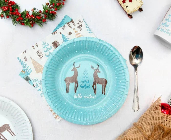 Talerzyki papierowe Hello Winter niebieskie – 18 cm 6 szt. - Disposable Plates