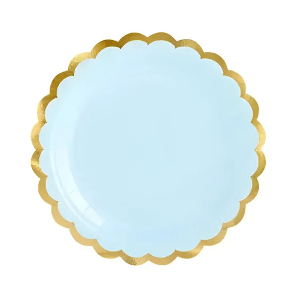 Talerzyki papierowe jasnoniebieskie ze złotymi metalizowanymi brzegami, 18 cm, 6 szt.