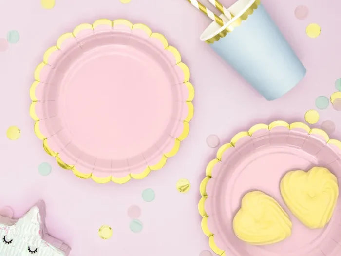 Talerzyki papierowe – jasnoróżowe ze złotym rantem | 18 cm | 6 szt. - Disposable Plates