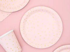 Talerzyki papierowe „Kropki” – jasnoróżowe ze złotymi kropkami | 18 cm | 6 szt. - Disposable Plates