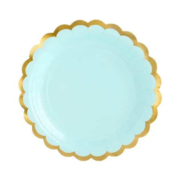 Talerzyki papierowe miętowe ze złotymi metalizowanymi brzegami, 18 cm, 6 szt.