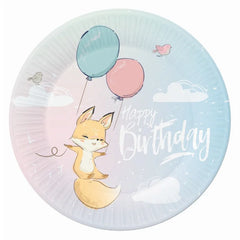 Talerzyki papierowe URODZINOWE "Happy Birthday" z liskiem - 23 cm, 6 szt.