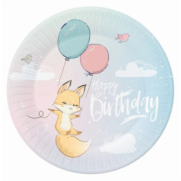 Talerzyki papierowe URODZINOWE "Happy Birthday" z liskiem - 23 cm, 6 szt.