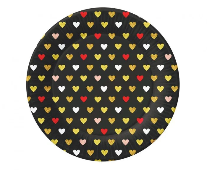 Talerzyki papierowe XOXO – czarne z nadrukiem serc | 18 cm 6 szt.