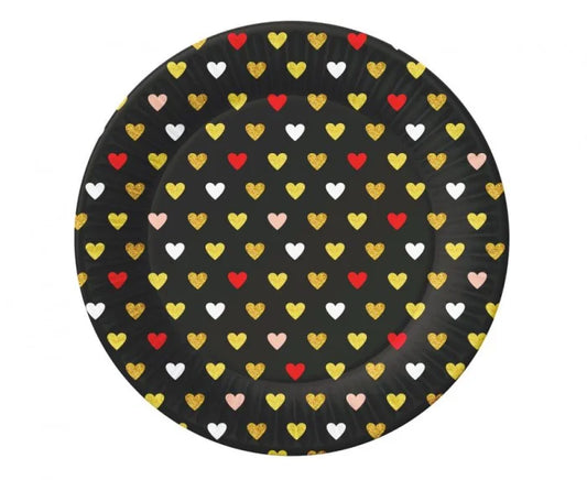 Talerzyki papierowe XOXO – czarne z nadrukiem serc | 18 cm 6 szt.