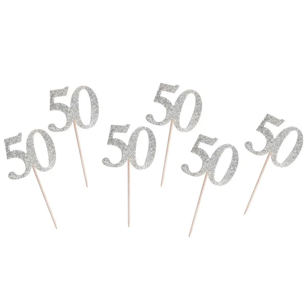 Topper na Tort "50 Urodziny" – Srebrny Brokat – 6 Sztuk, 10 cm