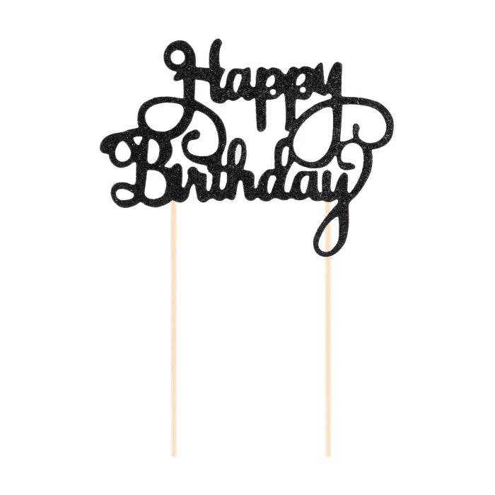 Topper na tort Happy Birthday – brokatowy czarny - Cake Toppers
