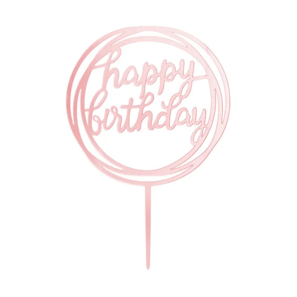 Topper na tort „Happy Birthday” – okrągły lustrzany rose gold - Cake Toppers