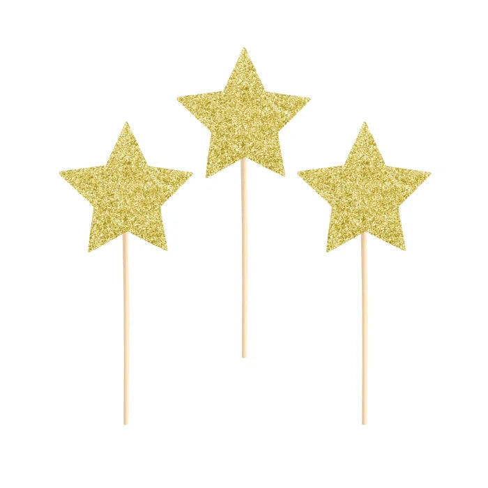 Toppery na tort – złote brokatowe gwiazdki 10 cm 6 szt. - Cake Toppers