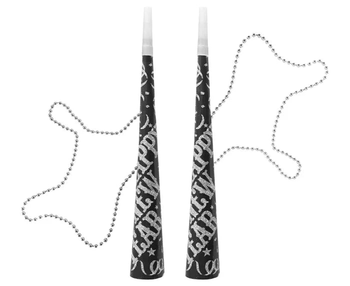 Trąbki Horn Happy New Year czarne na srebrnym łańcuszku 2 szt. - Party Supplies