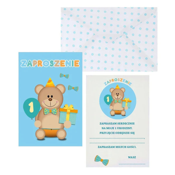 Zaproszenia na urodziny "Moje 1 Urodziny" z kopertami w niebieskie grochy – elegancka dekoracja na pierwsze urodziny!