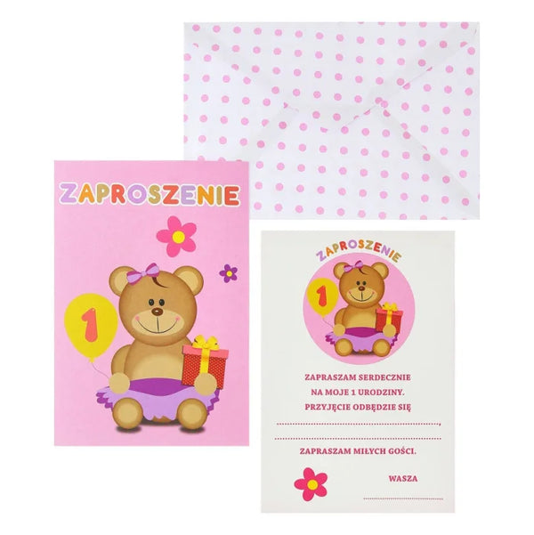 Zaproszenia na urodziny "Moje 1 Urodziny" z kopertami w różowe grochy – uroczy zestaw na pierwsze urodziny!